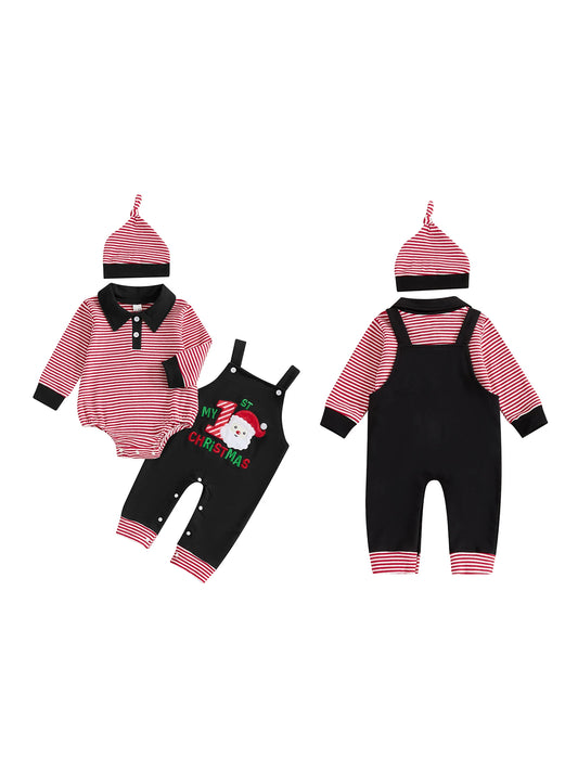 Winter Baby Girl Plaid Romper Set 3Pcs With Christmas Bow