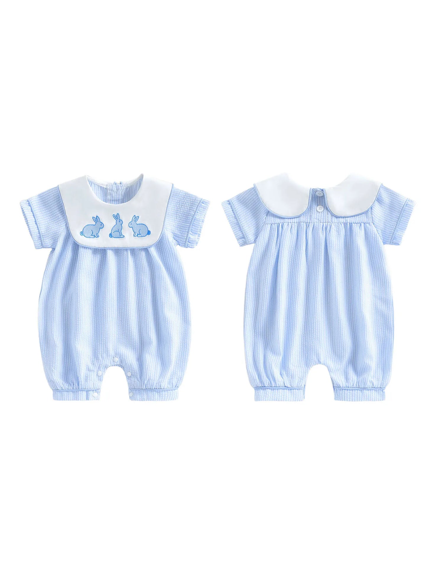 Infant Easter Bunny Romper With Short Sleeve Embroidered Sailor Collar