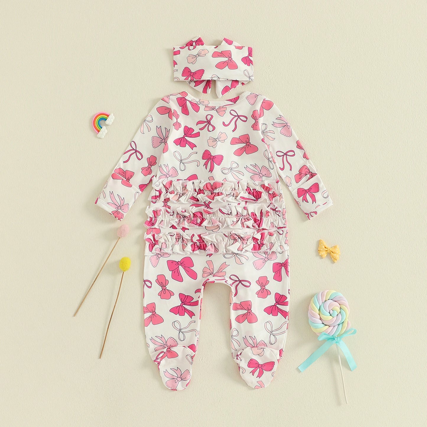 PudcocoCN Autumn Newborn Baby Girls Footed Romper Bow Print