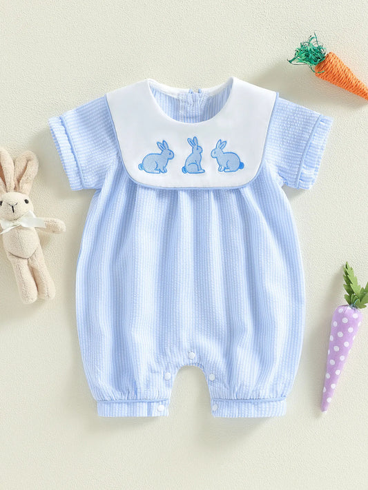 Infant Easter Bunny Romper With Short Sleeve Embroidered Sailor Collar