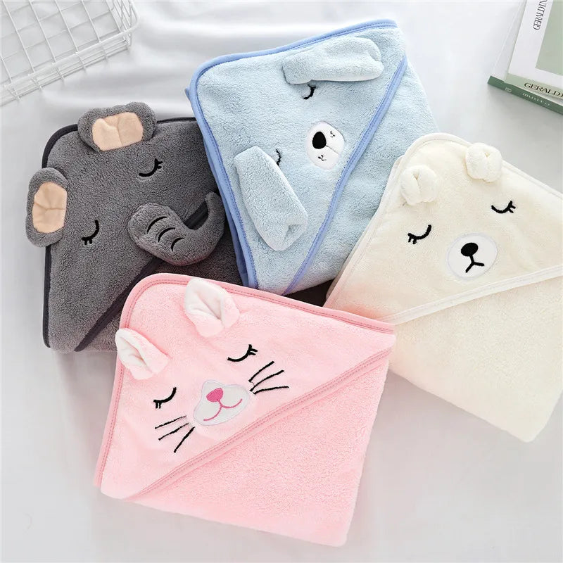 NONECN Baby Hooded Bathrobe Cartoon Coral Fleece Towel Blanket