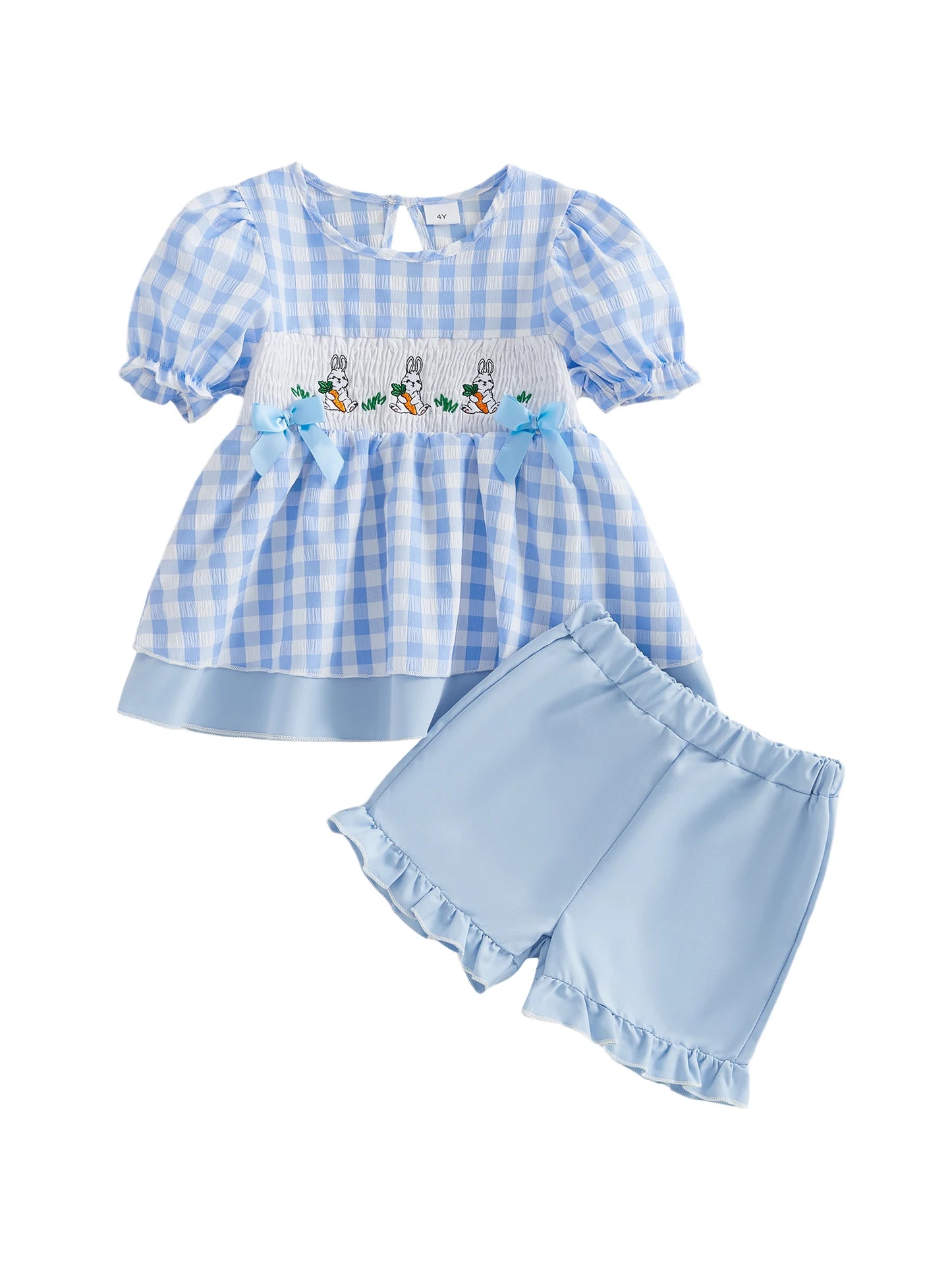 Girls Easter Outfit Set With Bunny Embroidery Plaid Shorts Top