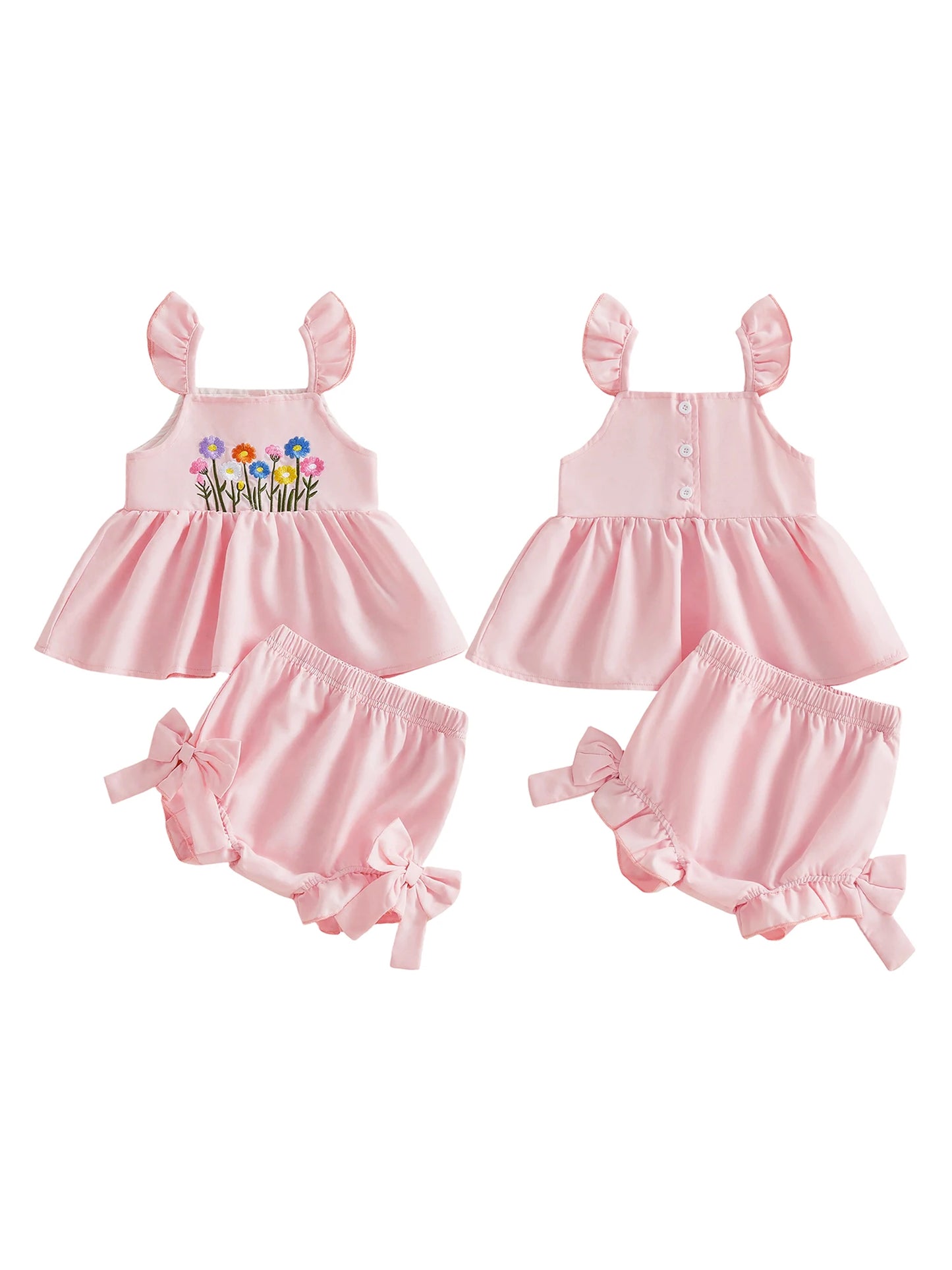 Toddler Girls Floral Embroidery Flutter Sleeves Top Shorts Set