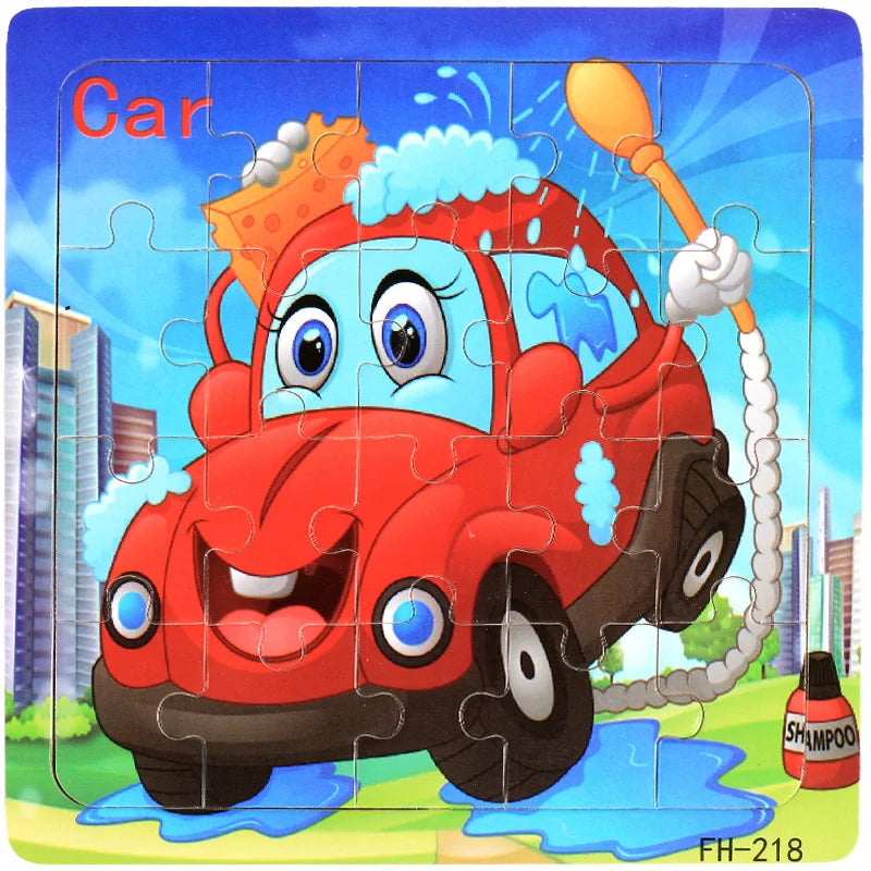 Wooden 3D Puzzle Cartoon Animals and Vehicles Jigsaw for Kids