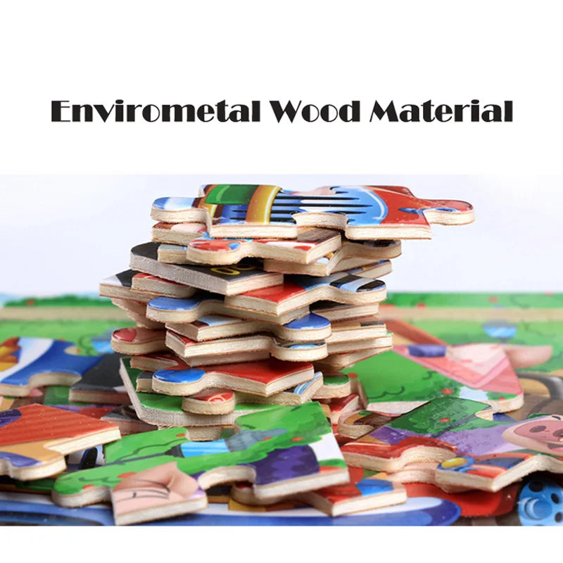 Wooden 3D Puzzle Cartoon Animals and Vehicles Jigsaw for Kids