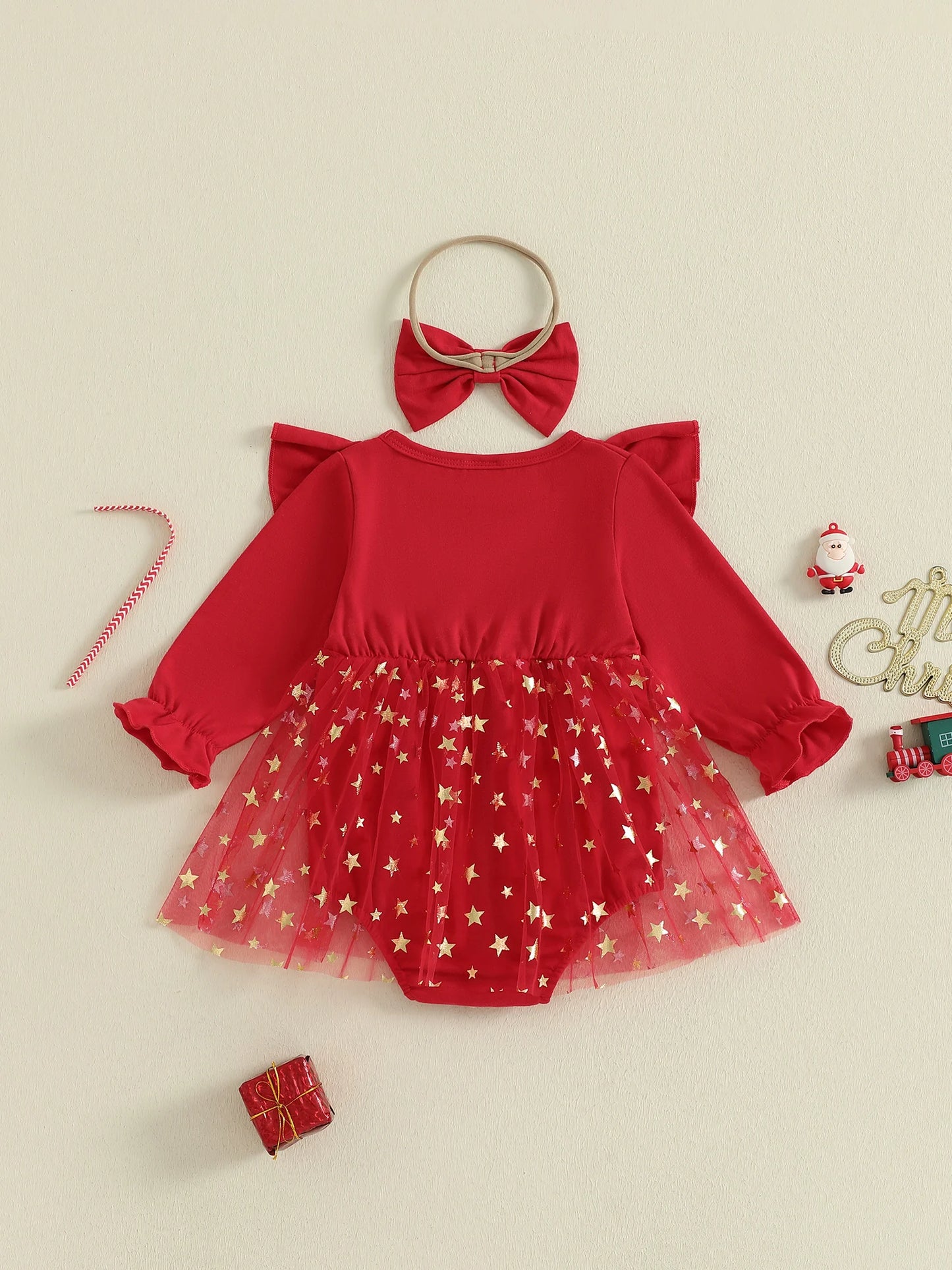 Toddler Girl Christmas Reindeer Romper Dress With Headband And Bow
