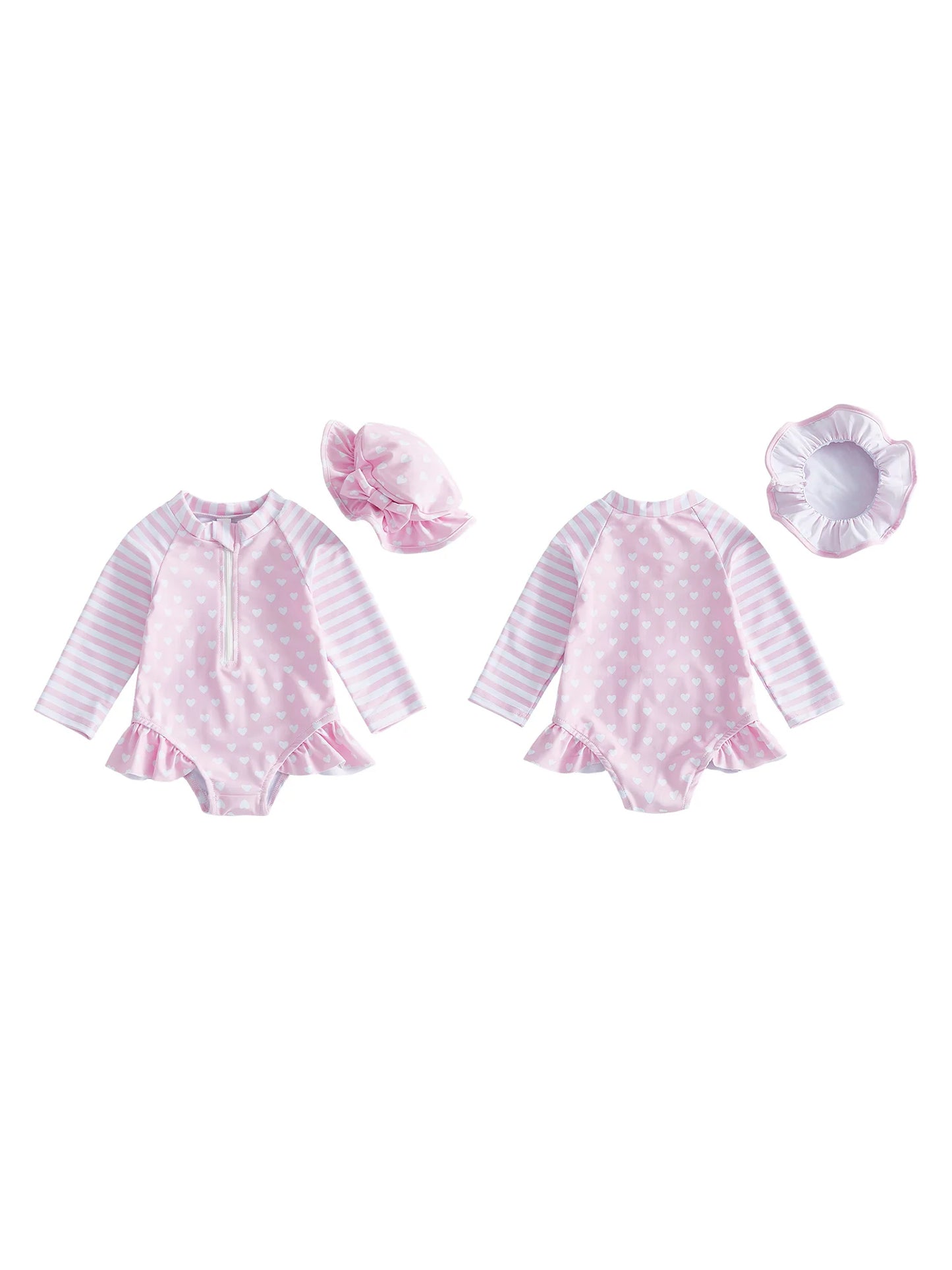 Girls Heart Patterned Two Piece Rash Guard Swimsuit With Hat