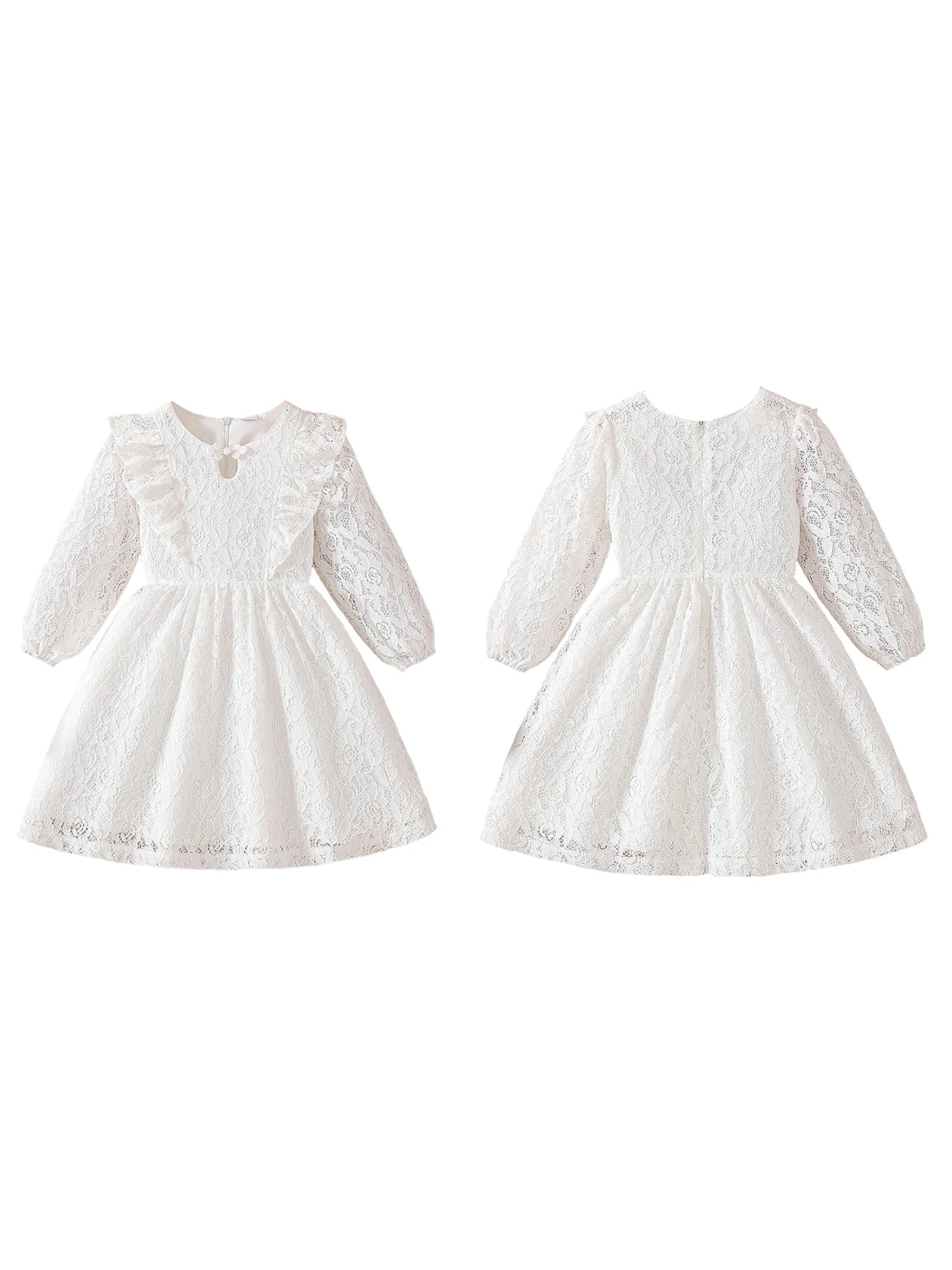 Toddler Girl Floral Lace Dress With Bow And Puff Sleeves