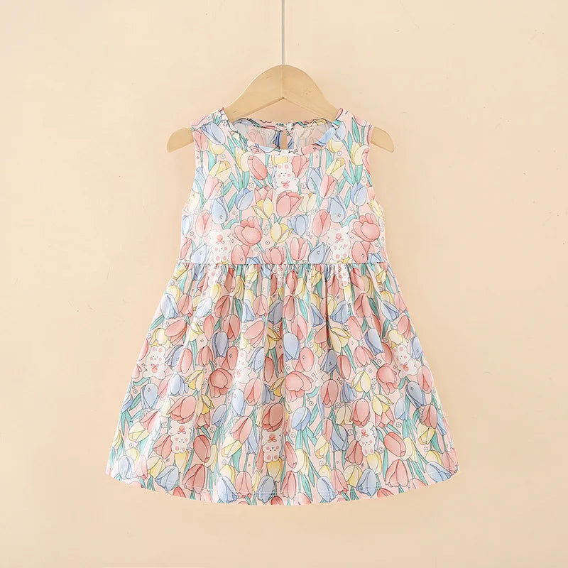 Girls Floral Cotton Sleeveless Knee Length Princess Dress Outfit