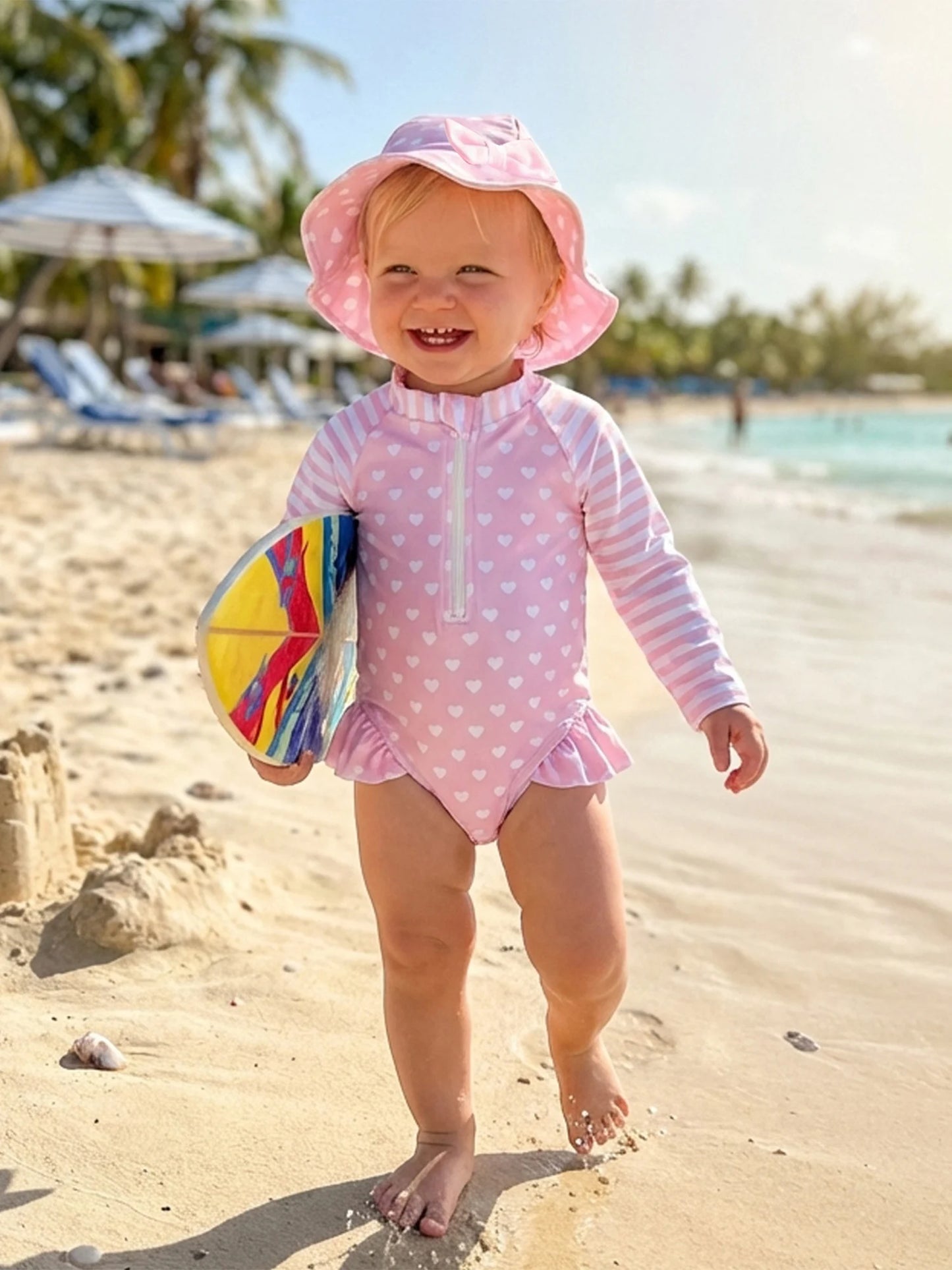 Girls Heart Patterned Two Piece Rash Guard Swimsuit With Hat