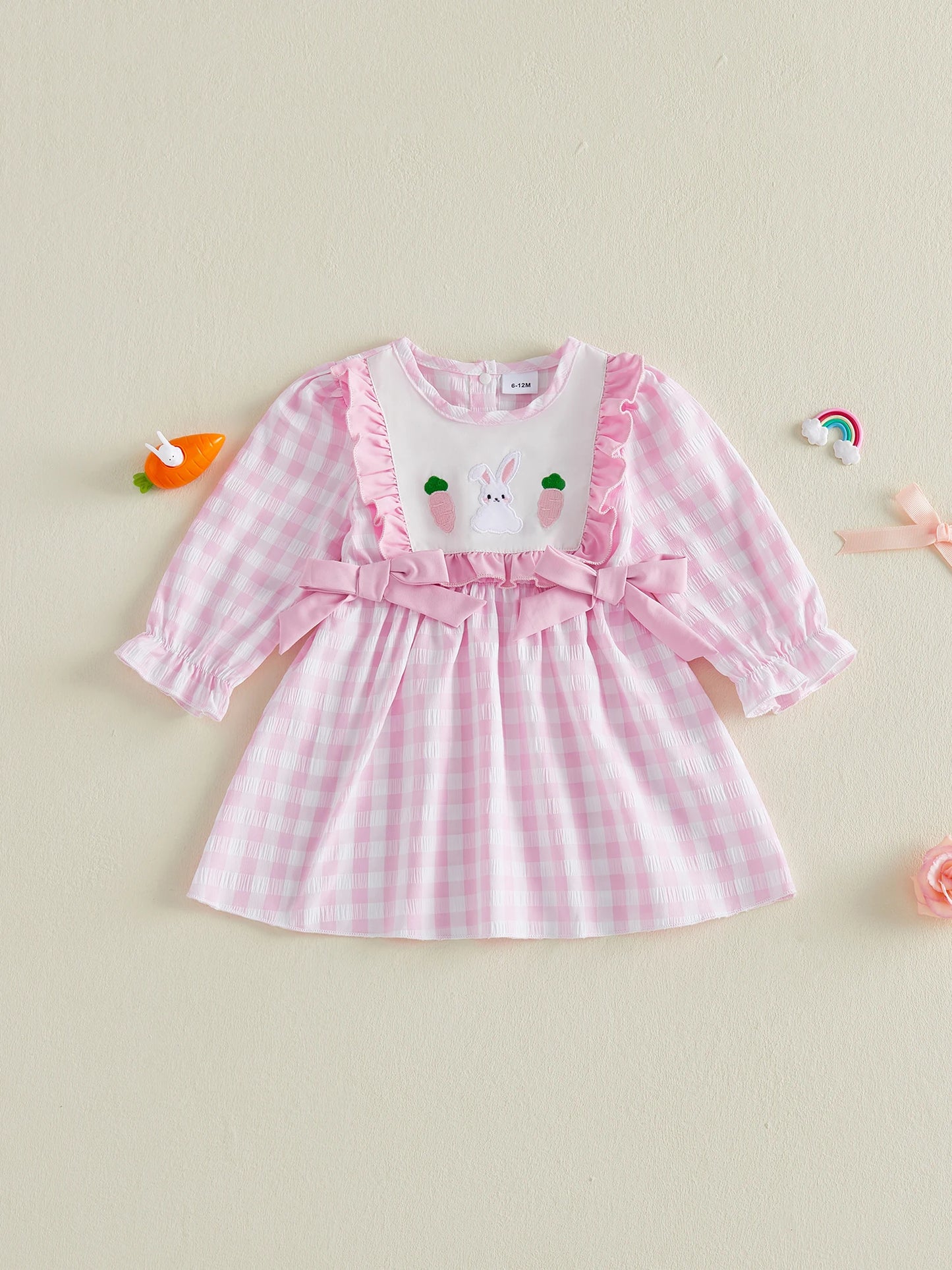 Toddler Girl Easter Dress With Plaid Bunny Embroidery Bow Detail