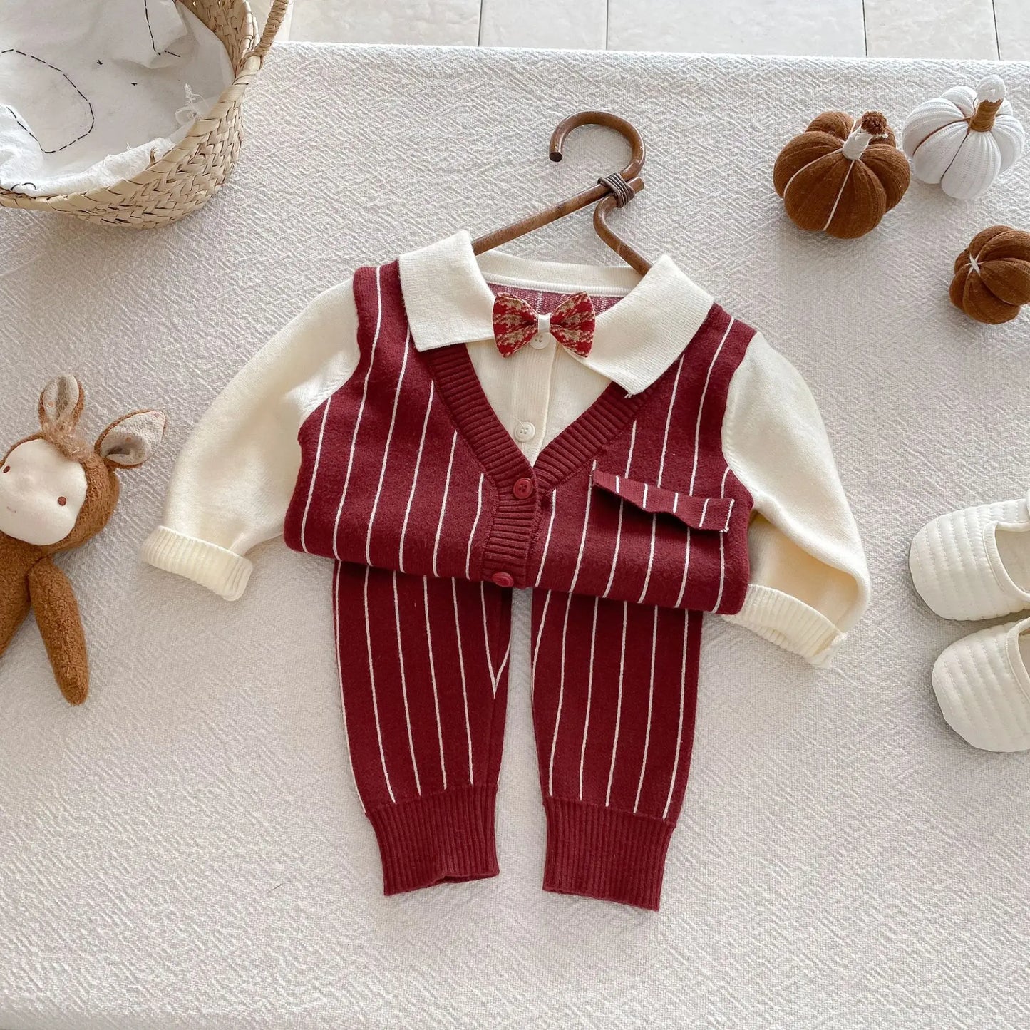 CN Zhejiang Baby Boy Knit Striped 3 Piece Set Bow Tie Shirt