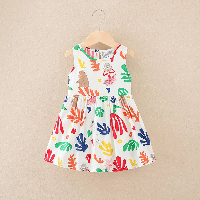 Girls Floral Cotton Sleeveless Knee Length Princess Dress Outfit