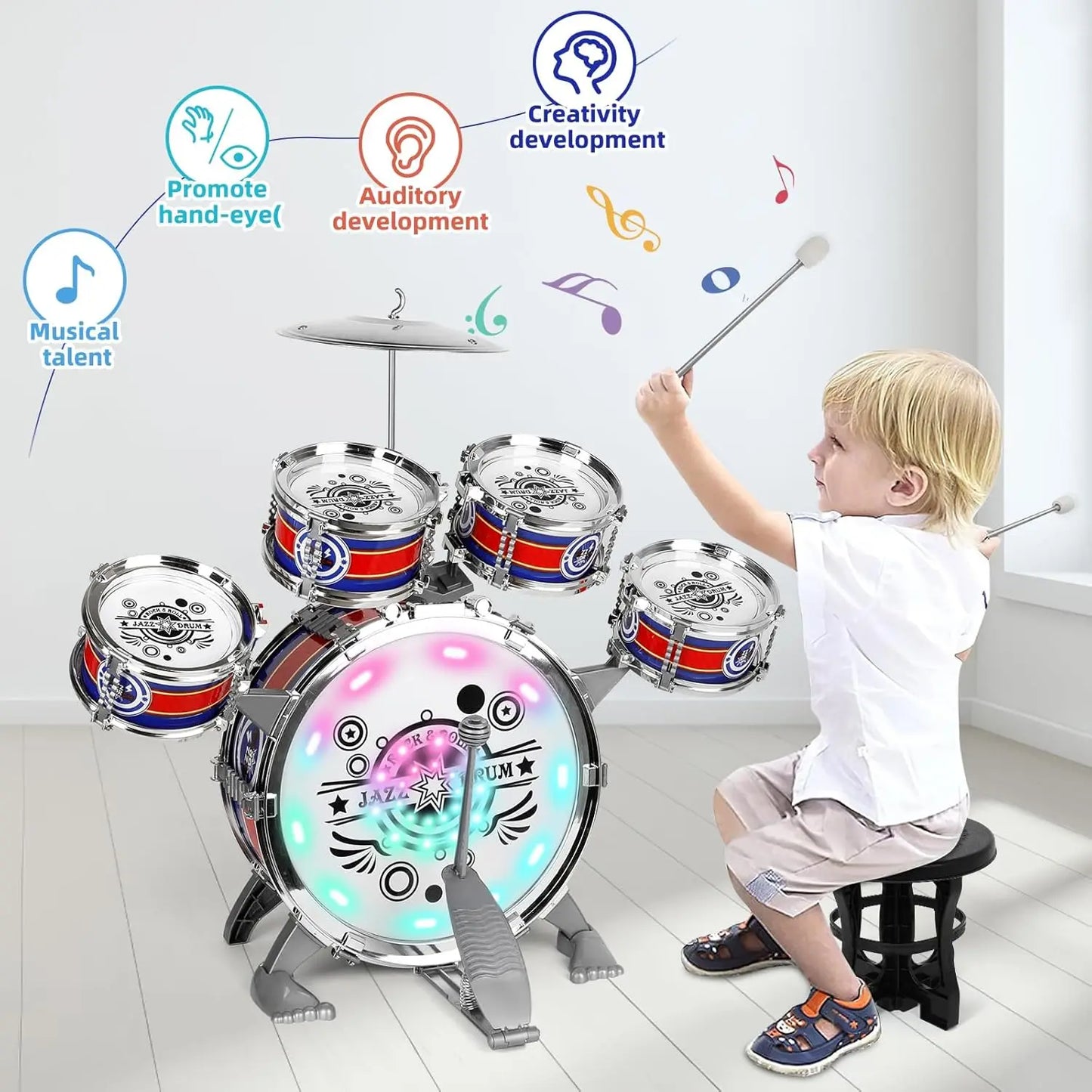 Sanmersen Mini Jazz Drum Set With Stool LED Light Toy