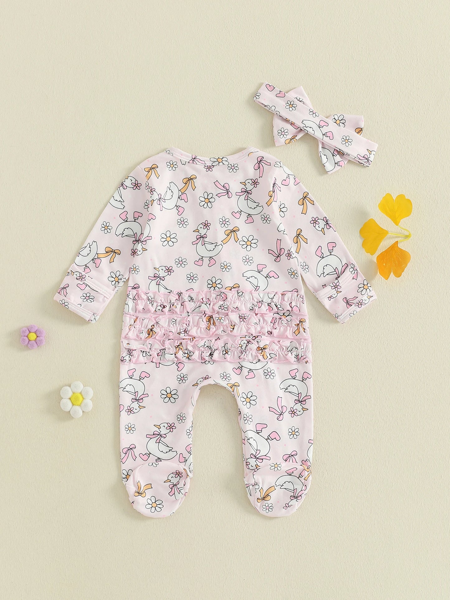 Guangdong Baby Floral Print Footed Romper and Headband Set