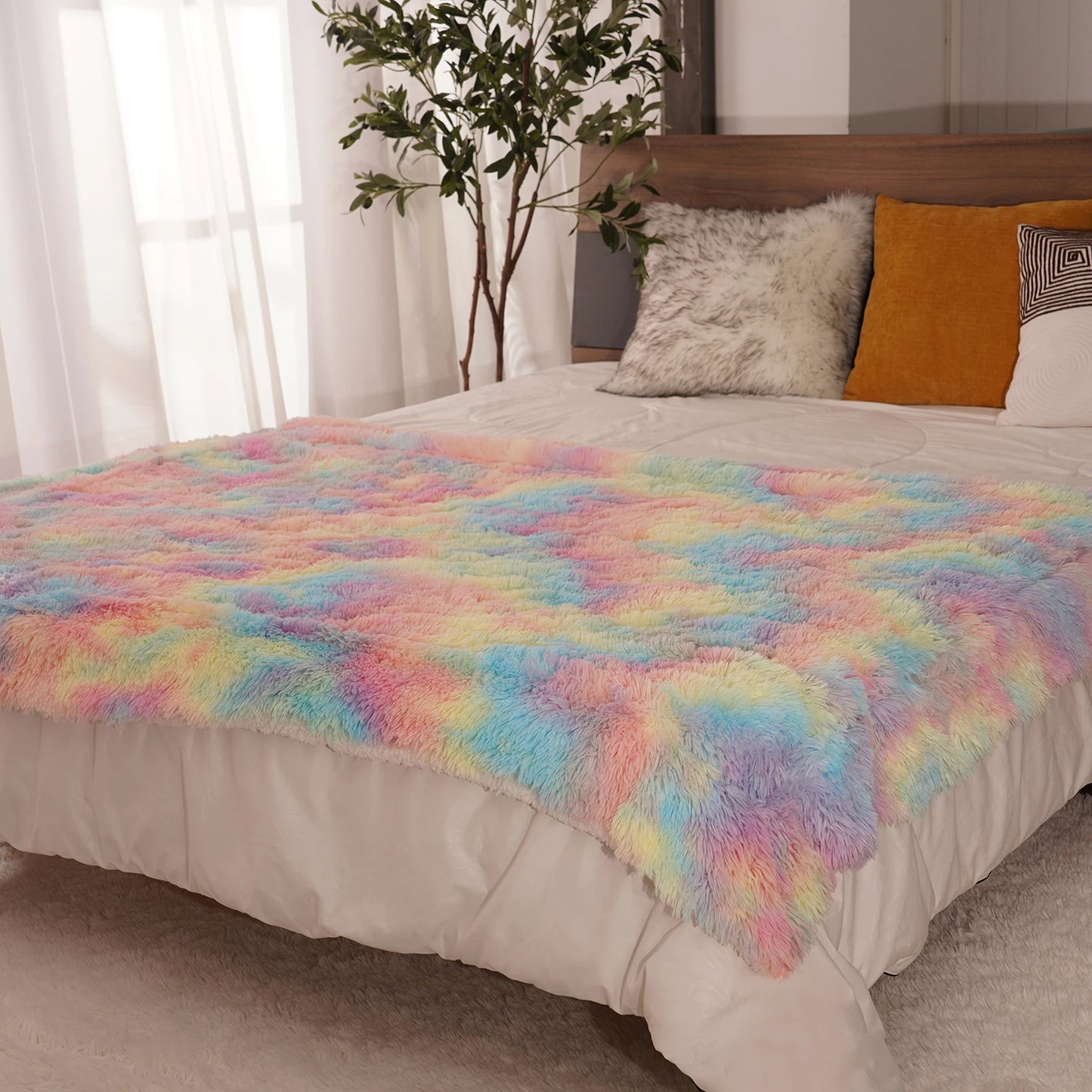Soft Rainbow Fluffy Plush Blanket Bedspread For Home Decor