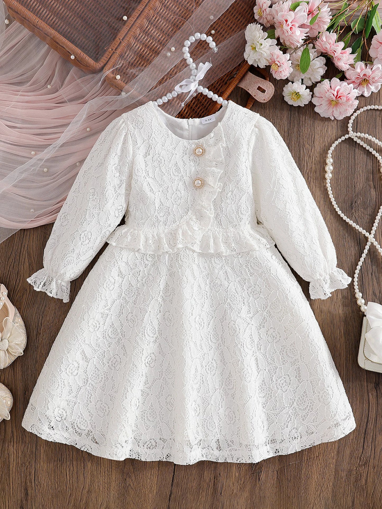 Girls Floral Lace Dress Long Sleeve Princess Style
