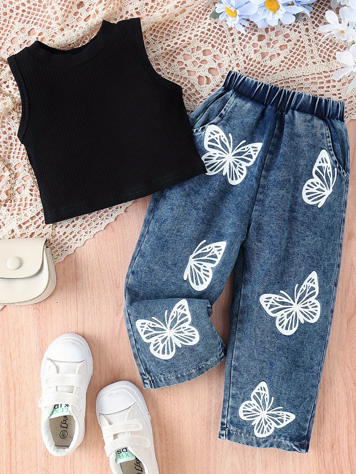 Toddler Girl Tank Top And Printed Jeans Set Outfit