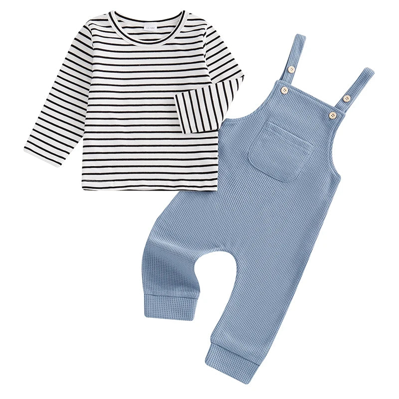 Pudcoco Boys Striped 2-Piece Long Sleeve Tee With Suspender Pants