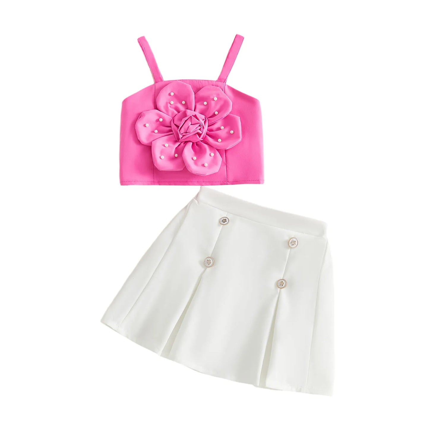Summer Fashion Set Pearl Embellished Floral Camisole And Skirt