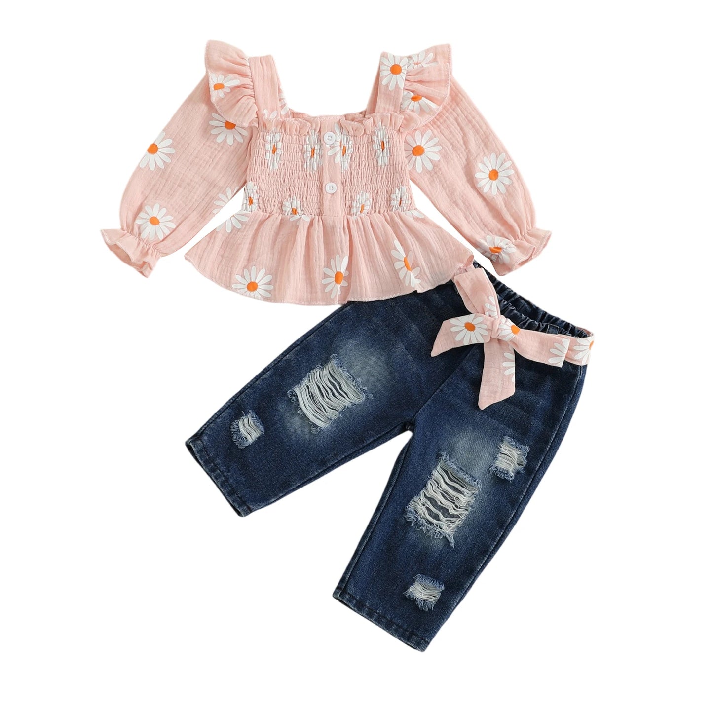 Girls Floral Print 2 Piece Outfit Set Denim Pants Collection