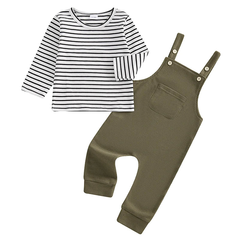 Pudcoco Boys Striped 2-Piece Long Sleeve Tee With Suspender Pants