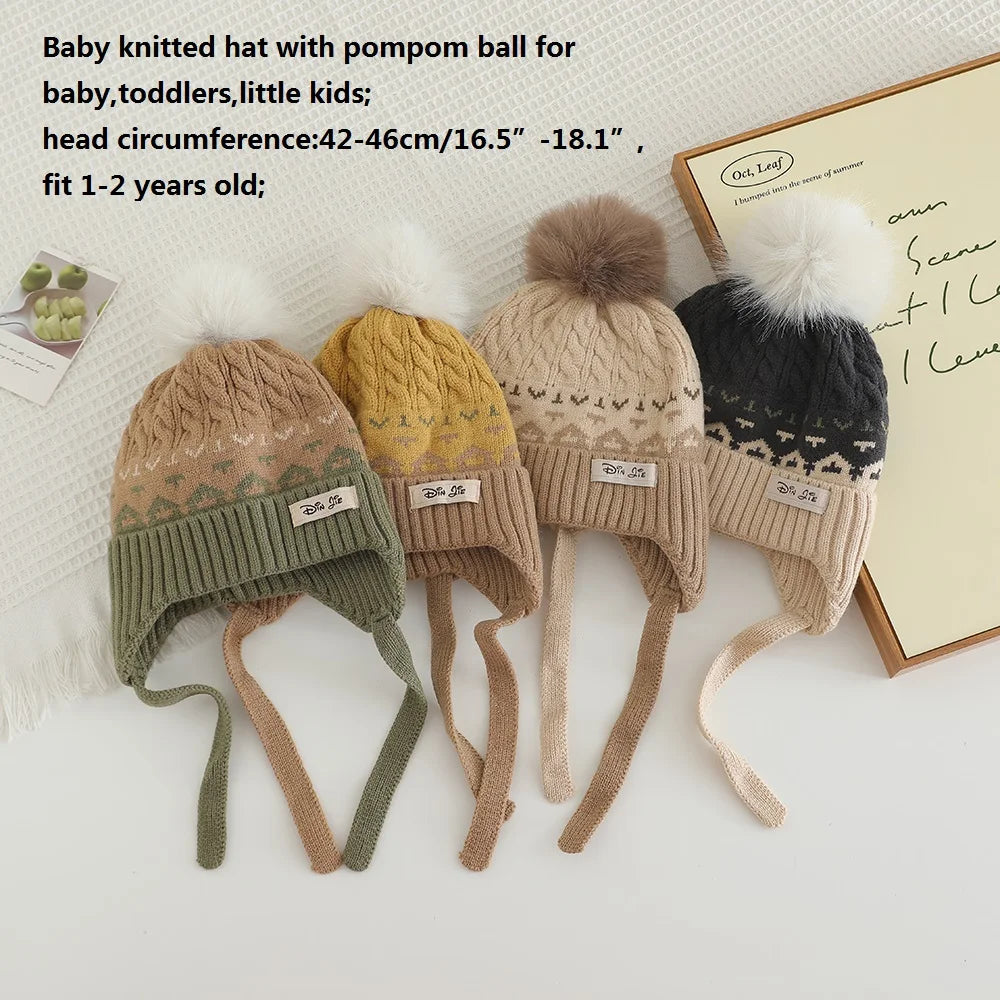Winter Knitted Headwear for Children UltraSoft Hypoallergenic Pompom EarProtection