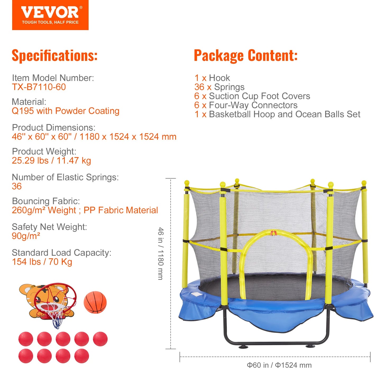 VEVOR Trampoline For Kids Indoor Outdoor Enclosure Net