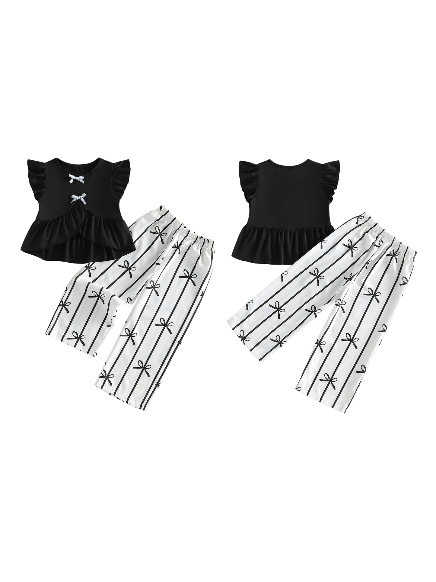 Girls Flutter Sleeve Bow Detail 2 Piece Set For Summer
