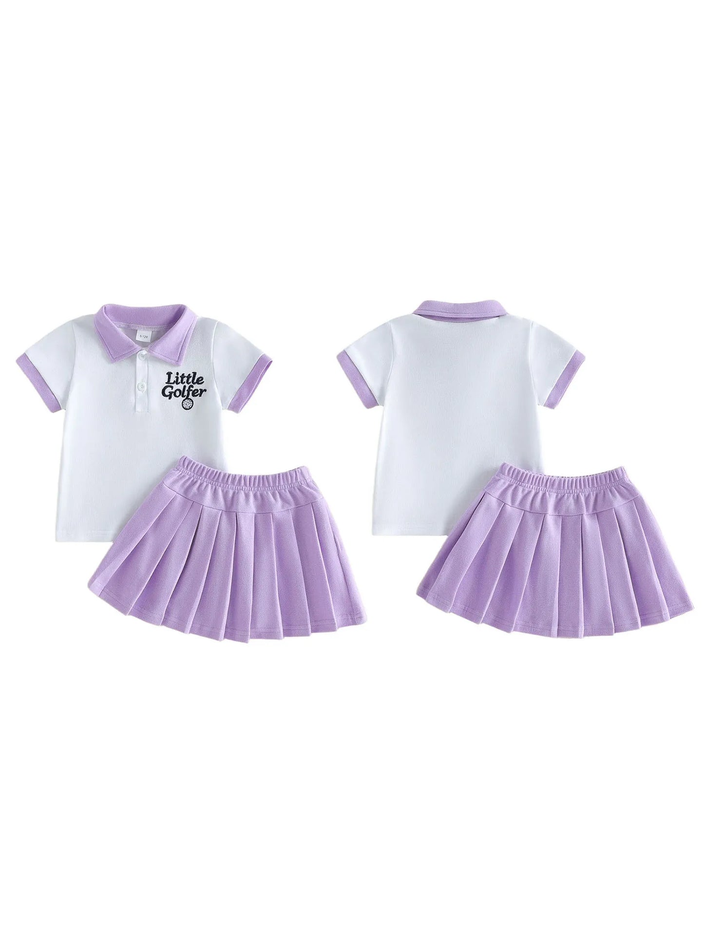 Girls Golf Outfit Embroidered Letters Shirt and Pleated Skirt Set