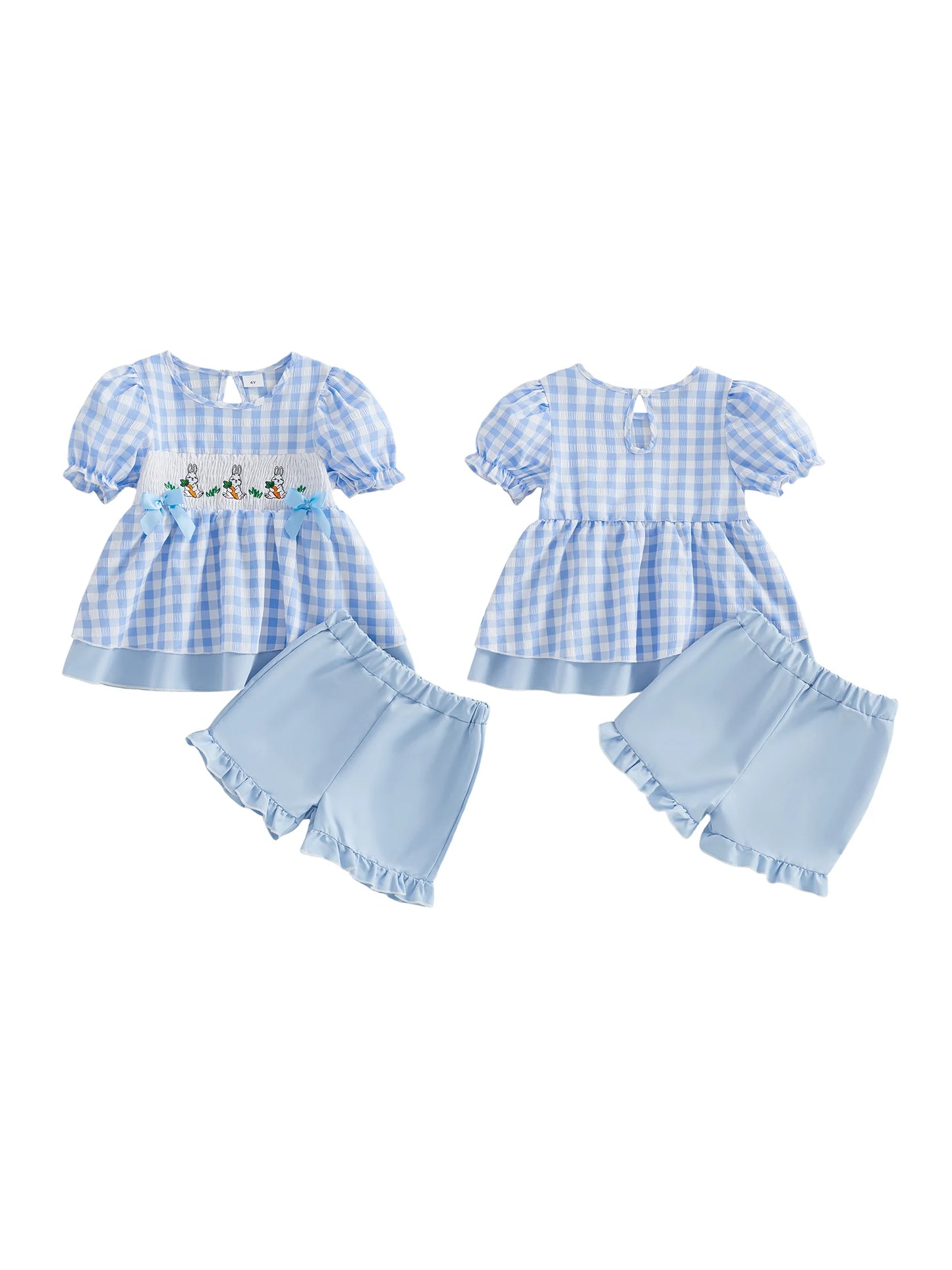 Girls Easter Outfit Set With Bunny Embroidery Plaid Shorts Top