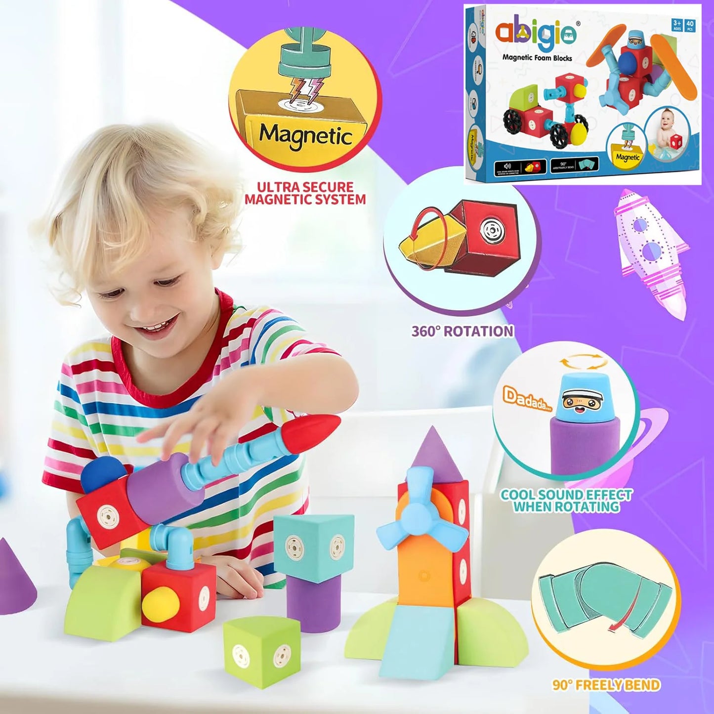 40PCS Magnet Building Blocks Prechool Montessori Set Travel Bath Toys Foam Magnetic Blocks, Autism Sensory Toys