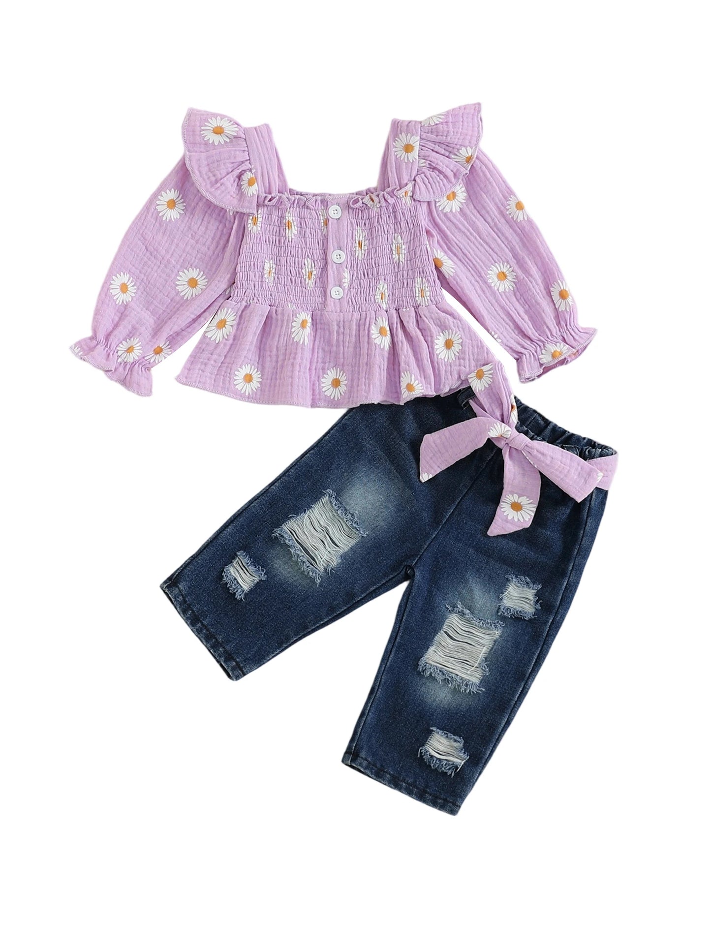 Girls Floral Print 2 Piece Outfit Set Denim Pants Collection