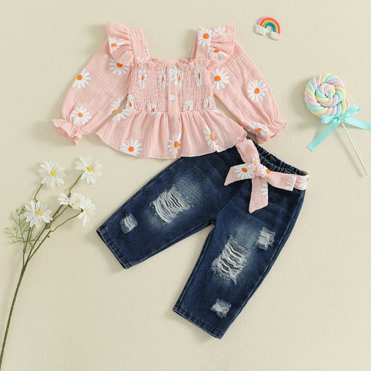 Girls Floral Print 2 Piece Outfit Set Denim Pants Collection