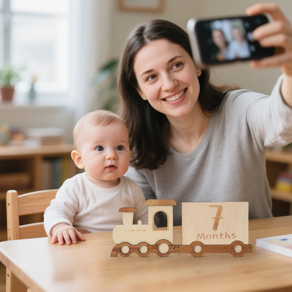 Lets Make Wooden Baby Milestone Card Cartoon Train Growth Record 0 to 12 Months