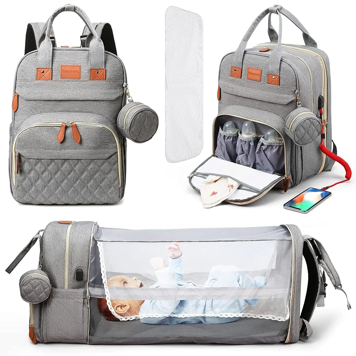 Diaper Bag Backpack Foldable Baby Bed Waterproof With USB Charge