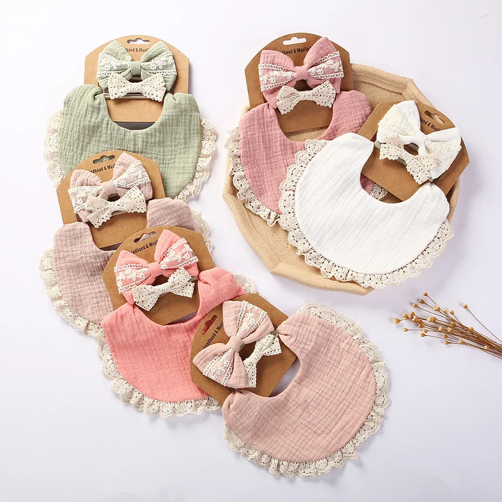 Muslin Bamboo Baby Bib Set With Tassel Lace Burp Cloth