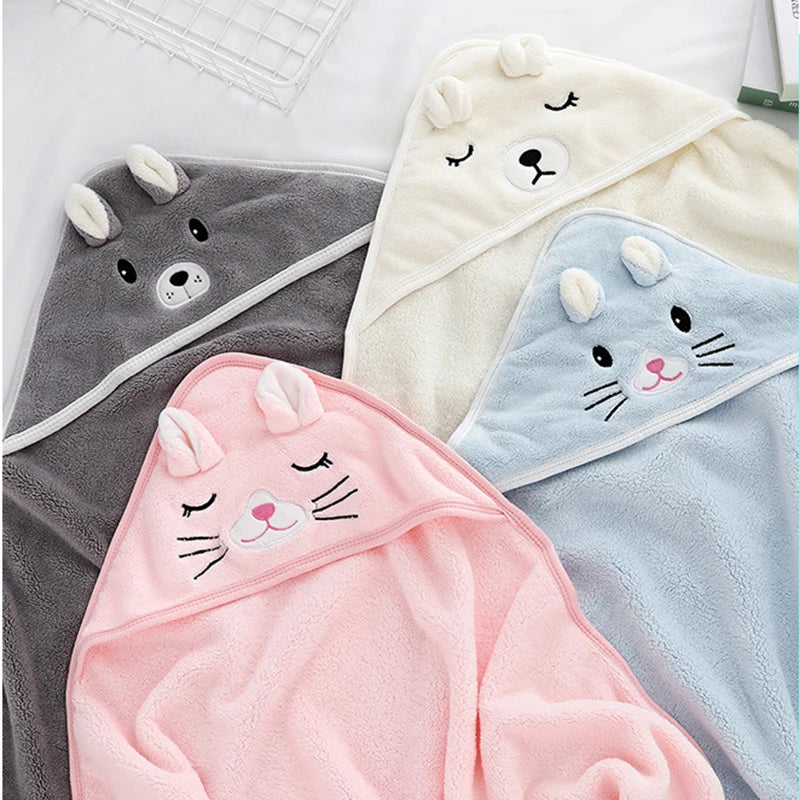 NONECN Baby Hooded Bathrobe Cartoon Coral Fleece Towel Blanket