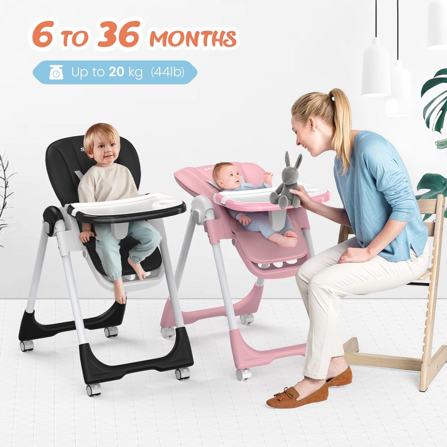 SEJOY Adjustable High Chair FivePoint Harness 3Tier Tray