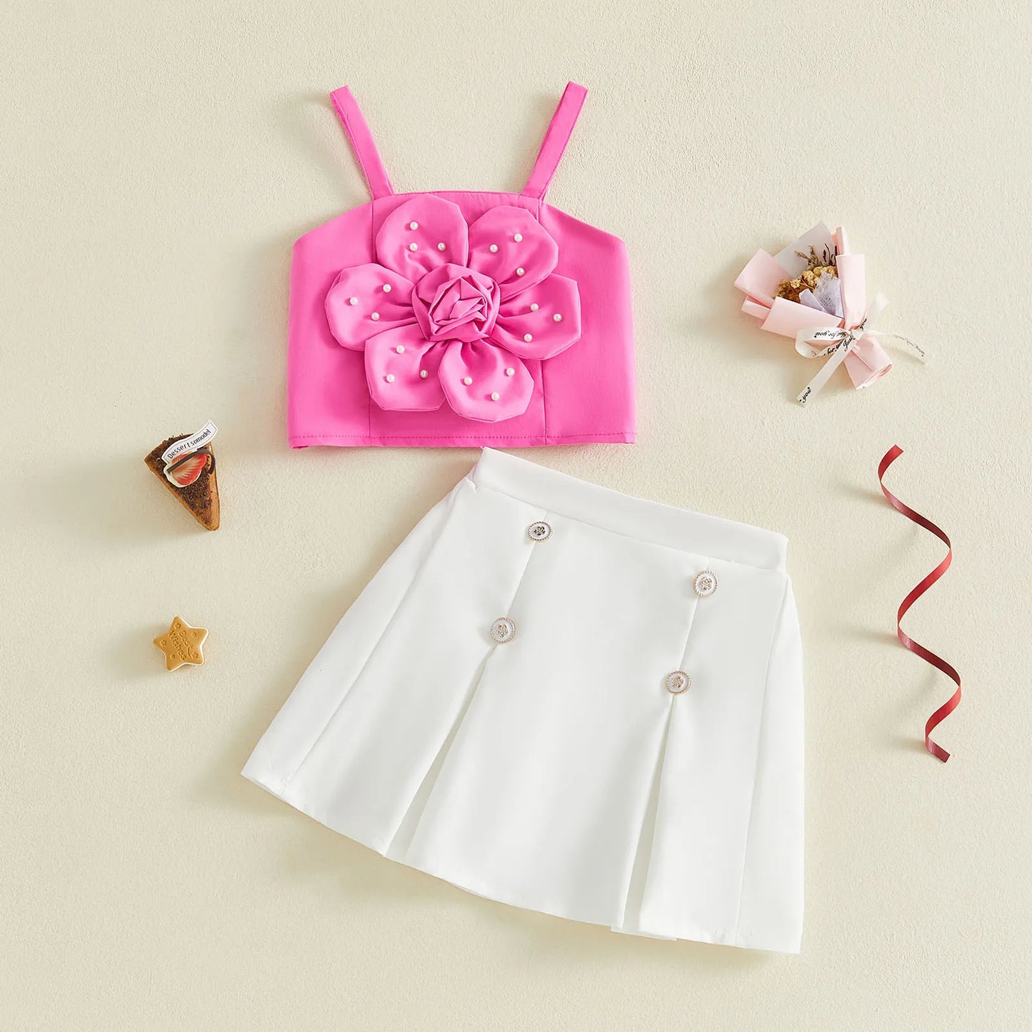 Summer Fashion Set Pearl Embellished Floral Camisole And Skirt