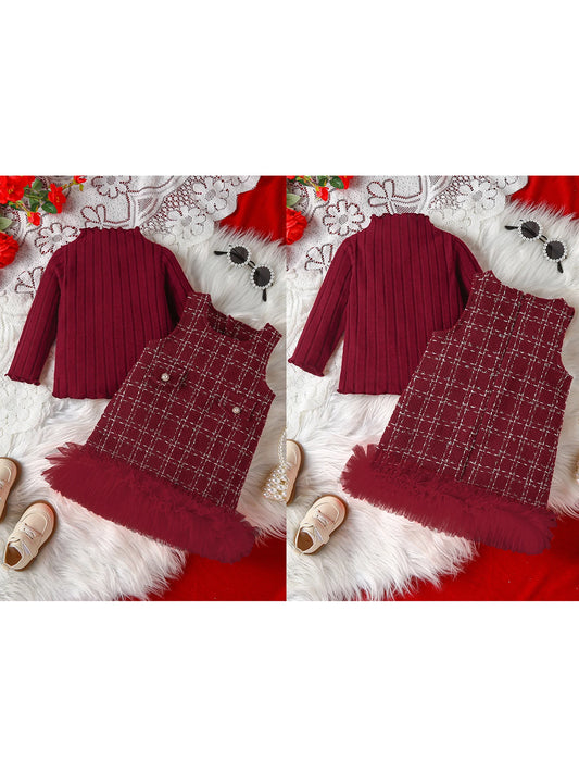 Meihuida Toddler Winter Knit Set Plaid Skirt Headband