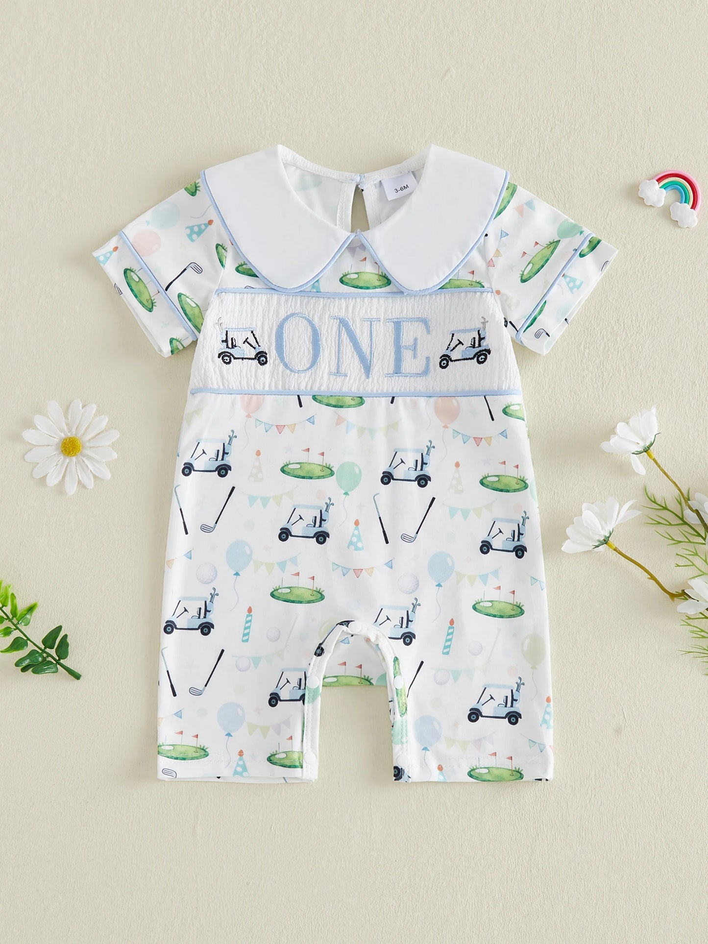 Infant Boy Embroidered Letters Golf Print Short Sleeve Jumpsuit