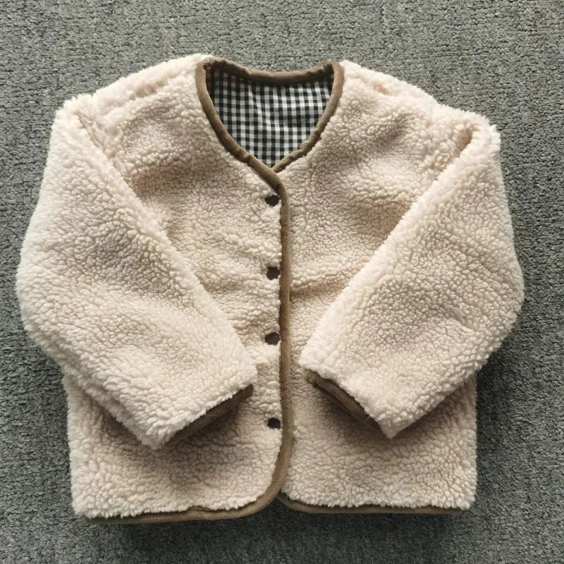 HoneyCherry Kids Reversible Plaid Jacket Plush Winter Coat
