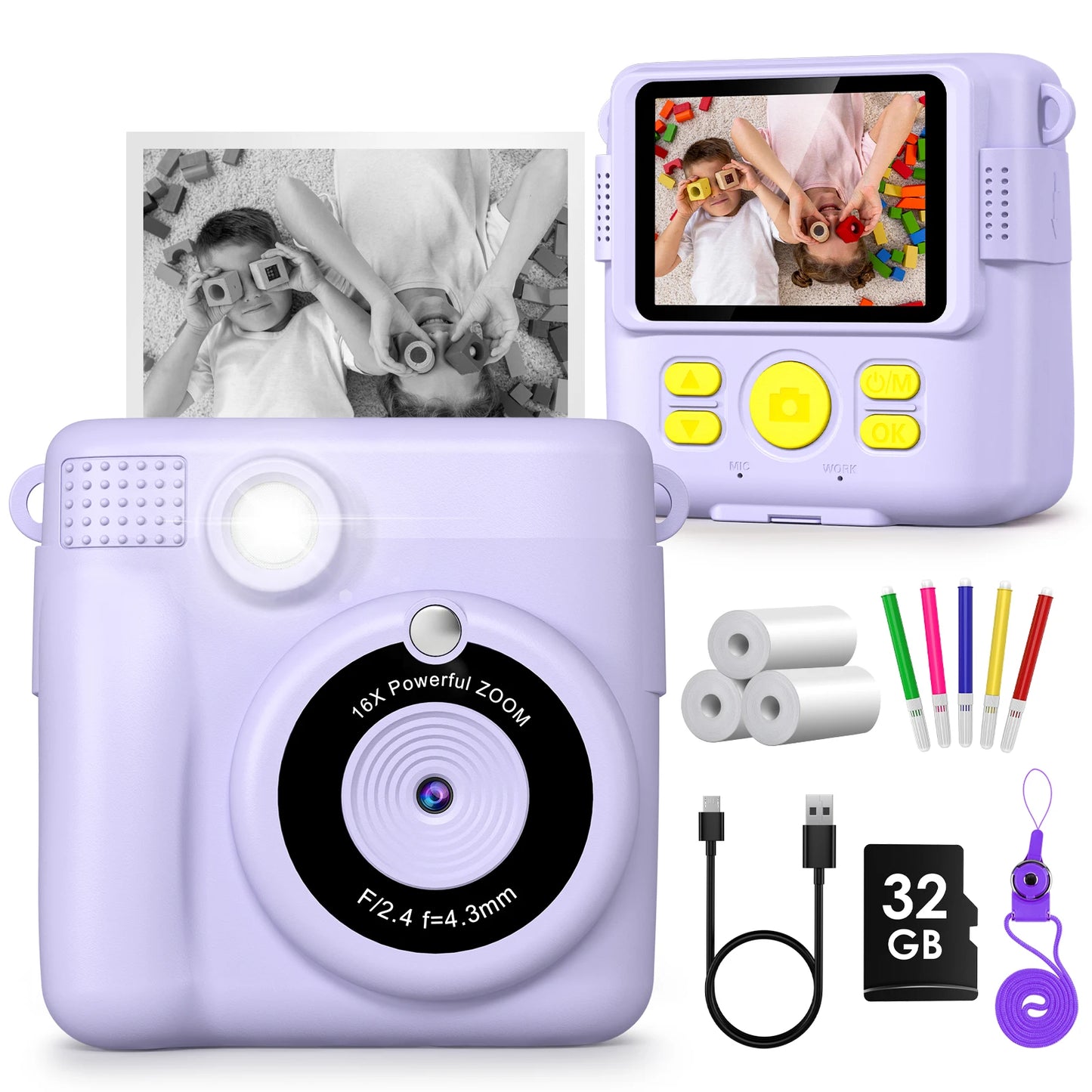DIAMOOKYCN Kids Digital Camera 1080P HD Instant Print Gift