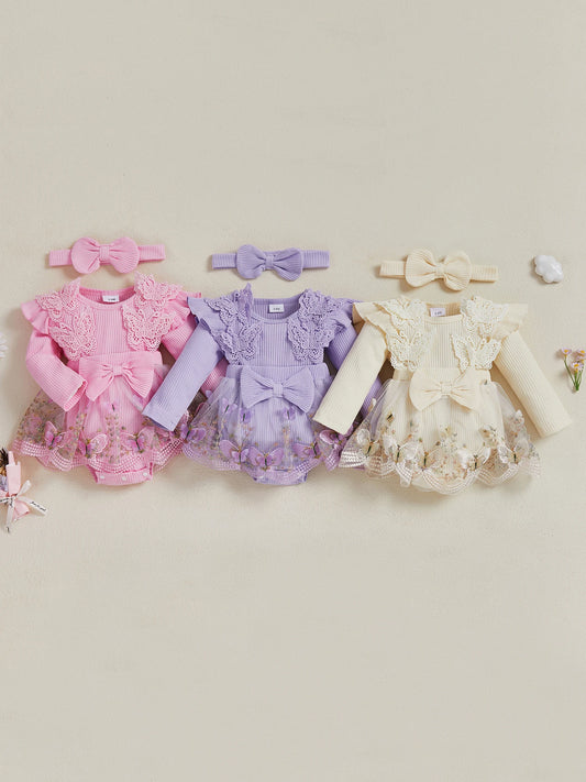 Baby Embroidered Butterfly Romper Headband Set Newborn