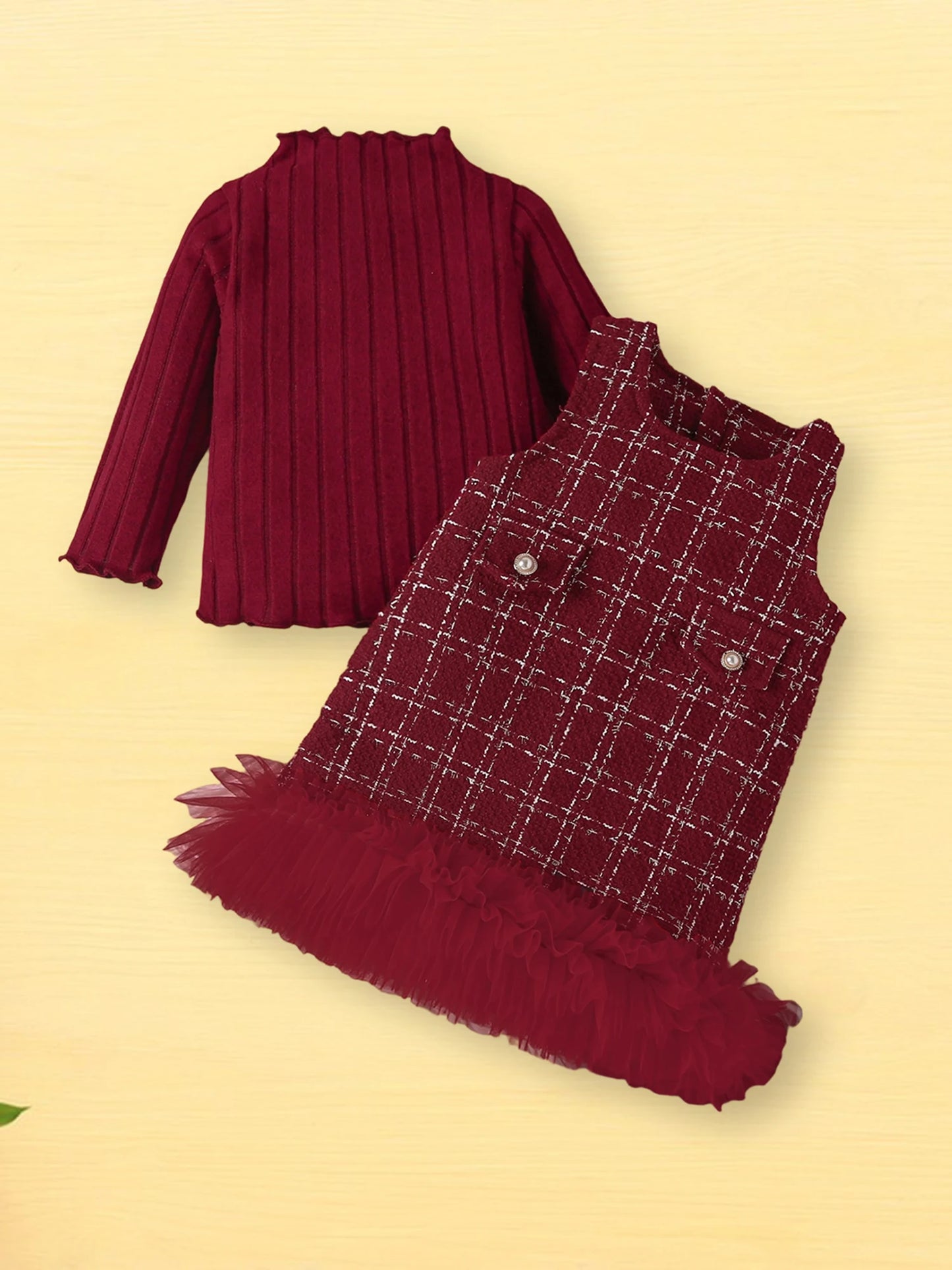 Meihuida Toddler Winter Knit Set Plaid Skirt Headband