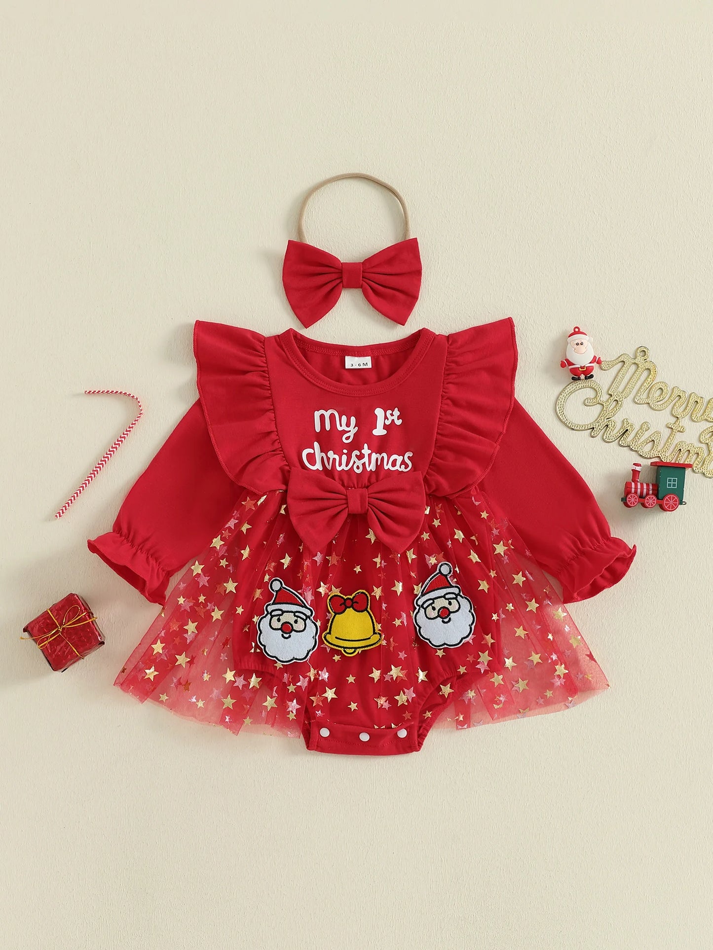 Toddler Girl Christmas Reindeer Romper Dress With Headband And Bow
