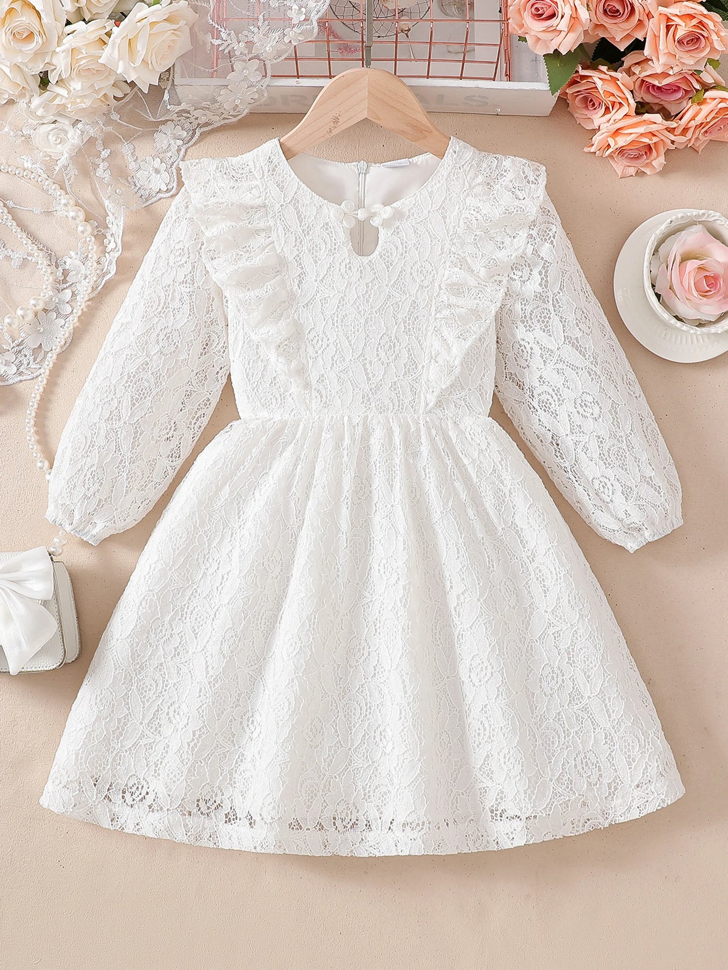 Toddler Girl Floral Lace Dress With Bow And Puff Sleeves