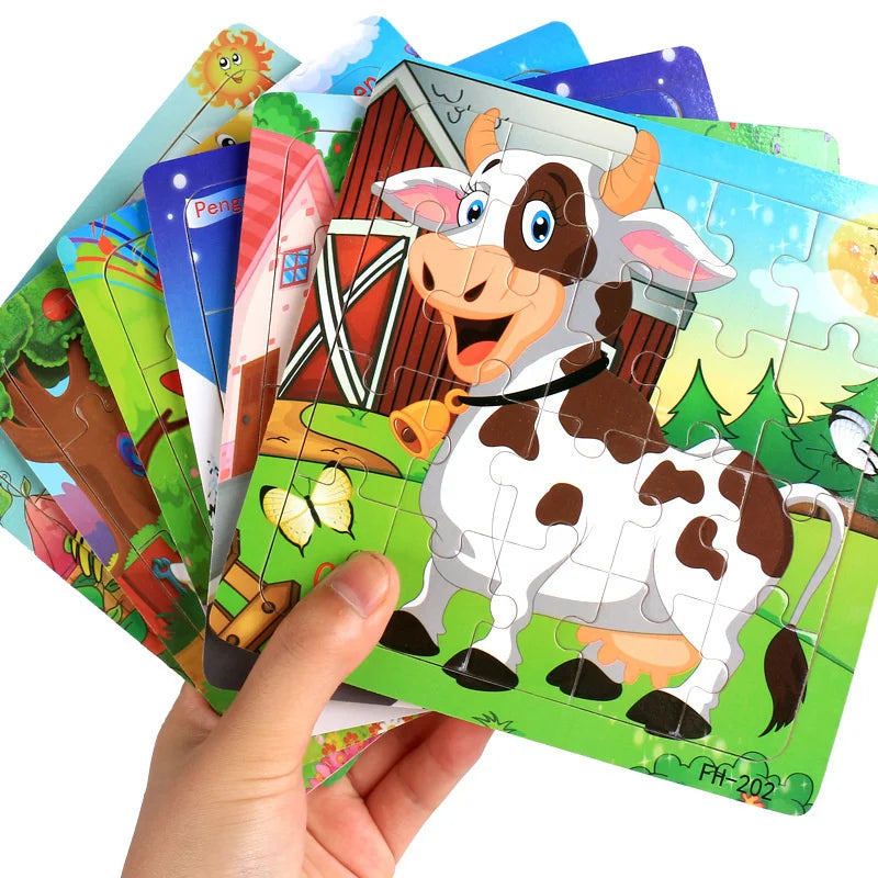 Wooden 3D Puzzle Cartoon Animals and Vehicles Jigsaw for Kids