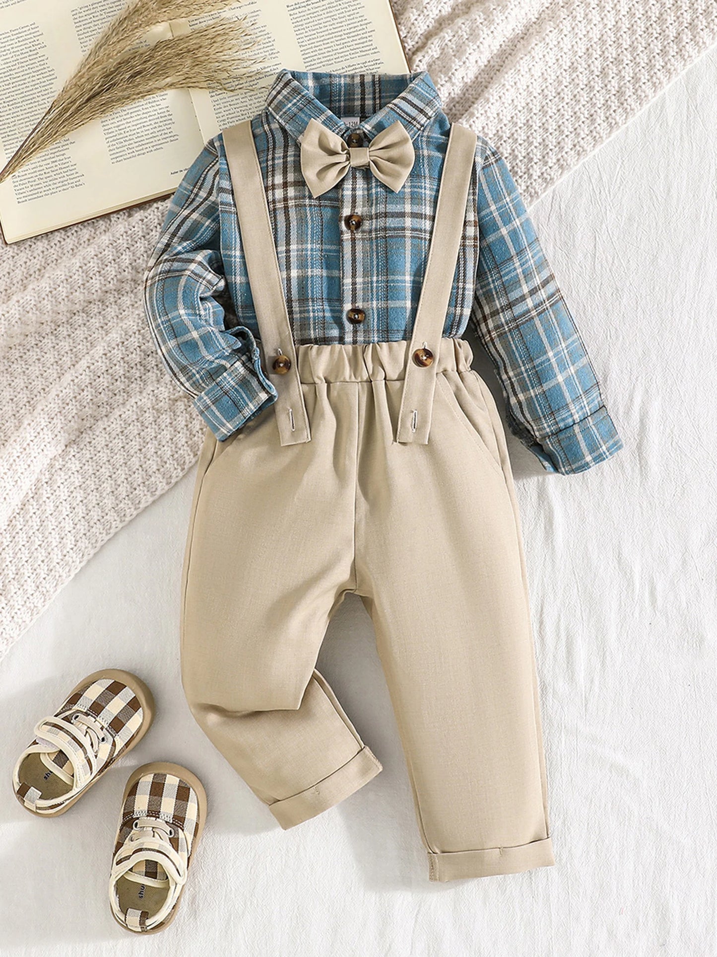 Baby Boys Winter 3 Piece Outfit Set Hooded Sweatshirt Plaid Tops Overalls